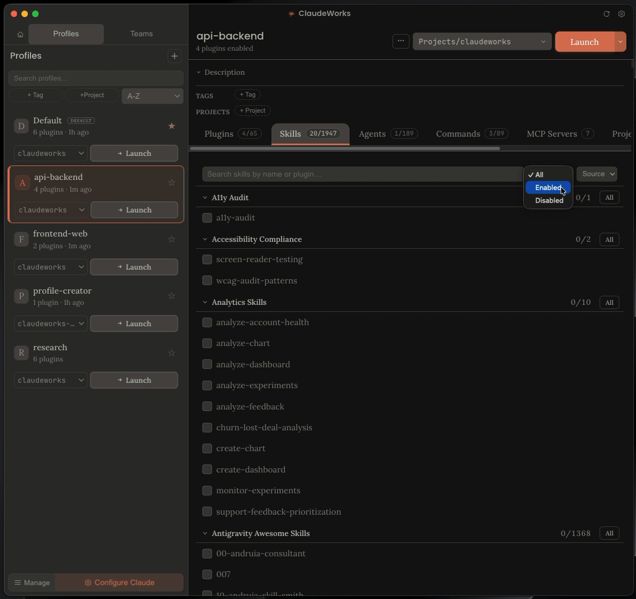 ClaudeWorks: profile sidebar, Launch, two terminals running side by side with different skill sets