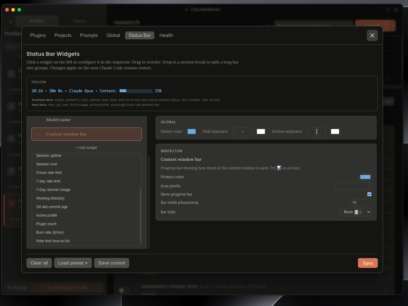 ClaudeWorks Status Bar builder
