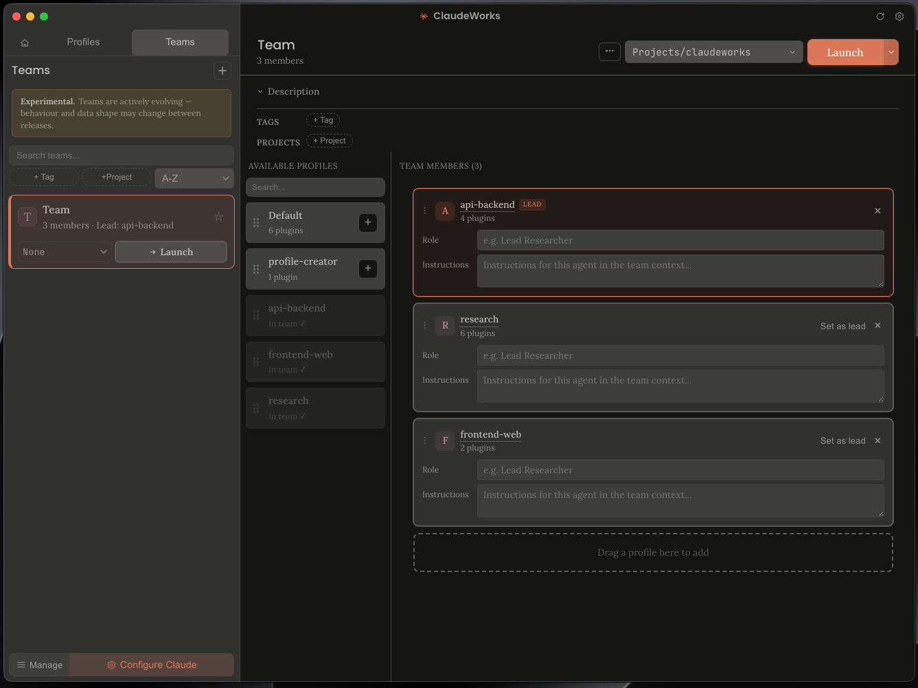 ClaudeWorks Team editor